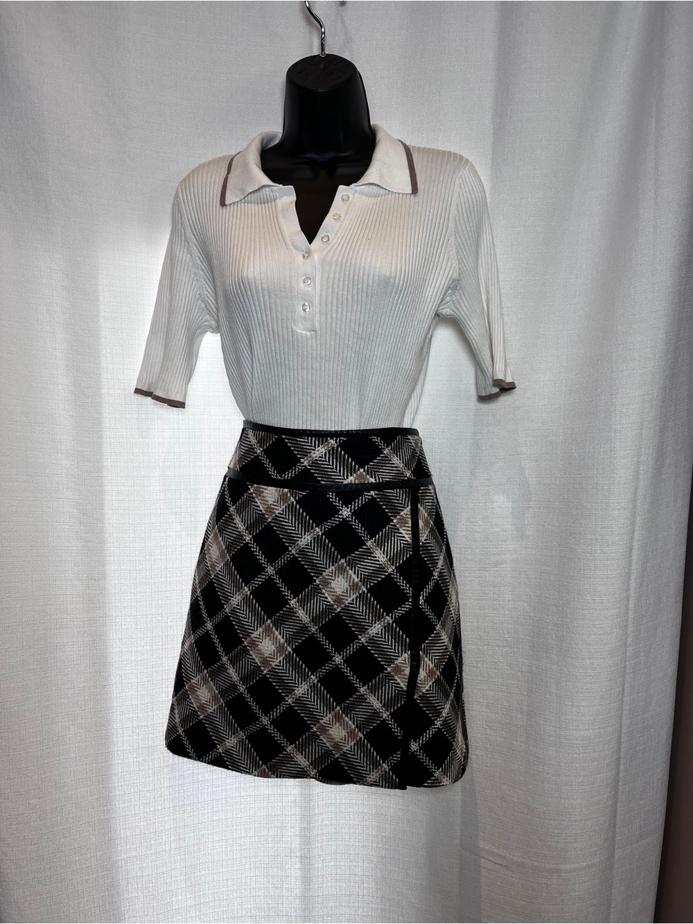 Checked A-Line Wool Blend Mini Skirt in Black and Tan